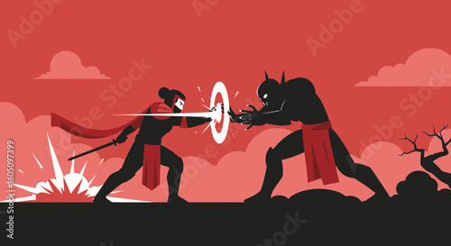 Epic Showdown Between Masked Warrior And Powerful Beast In The Wasteland