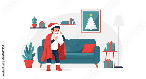 Disguised Man In Santa Costume Ready To Deliver Gifts At Christmas