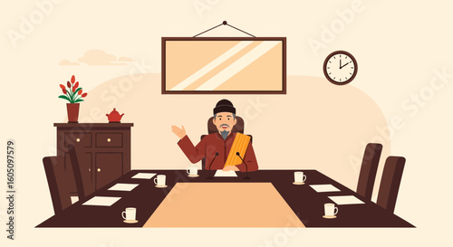 Distinguished Leader Presiding Over Formal Meeting In Elegant Conference Room