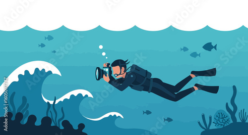 Diver Capturing Underwater World Through Photography In The Deep Ocean