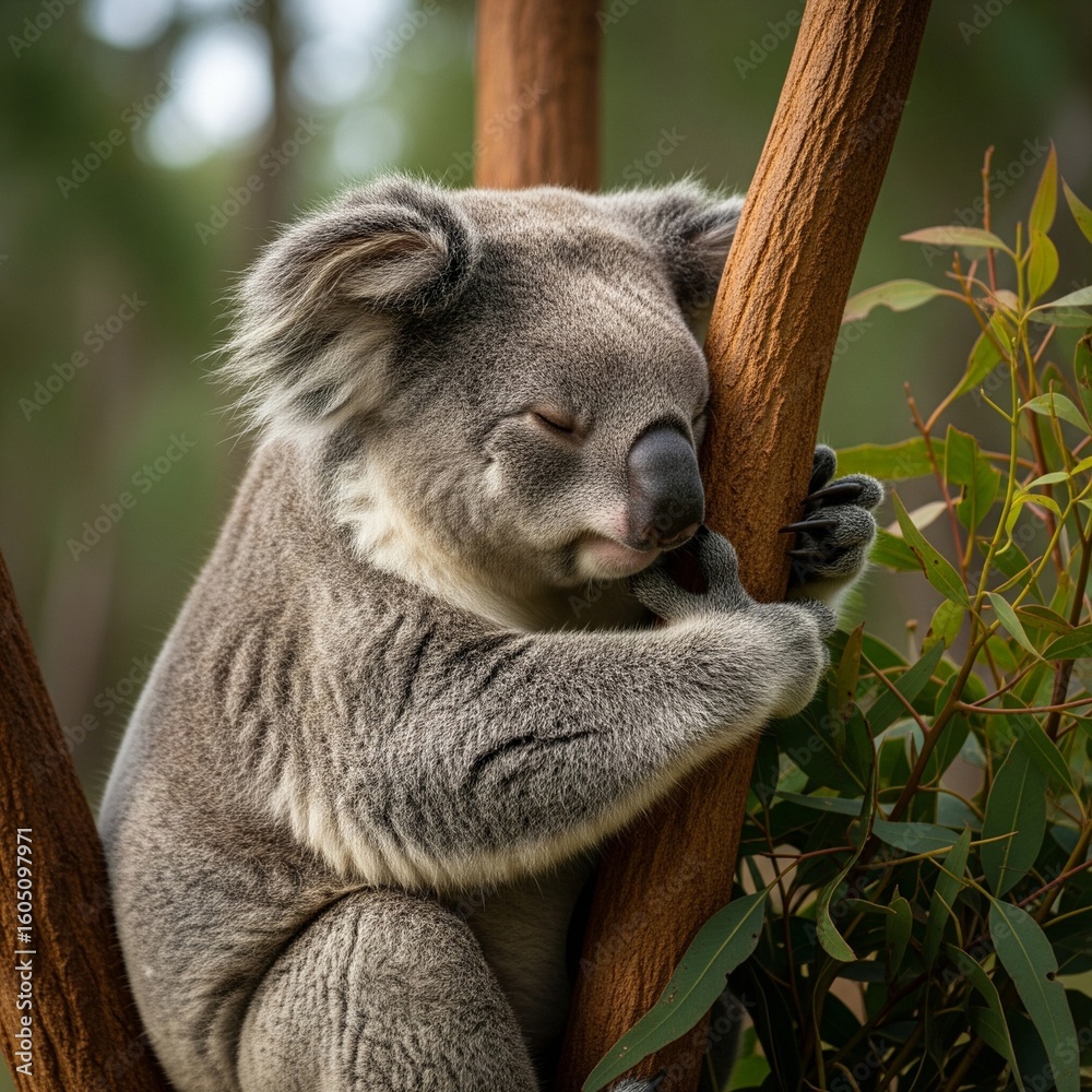 Obraz premium Sleepy Koala Clinging to Eucalyptus Tree