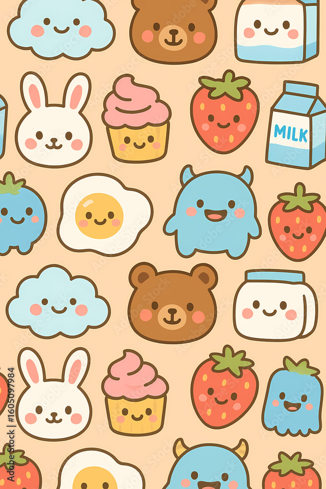 Obraz premium A repeating pattern of cute cartoon illustrations featuring a bear, bunny, strawberry, cupcake, cloud, egg, milk carton, and a small blue monster.