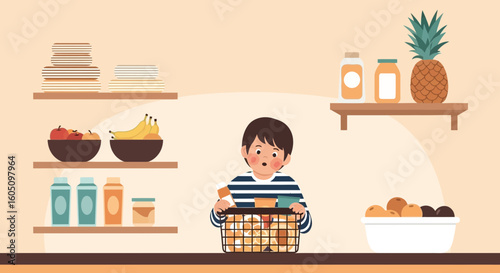 Boy Helps Put Groceries Away Illustrative Family Moment On Kitchen Setting