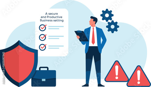 Businessman with task checklist clipboard, shield and gear icons, warning signs, cloud backdrop, productivity and security concept illustration design