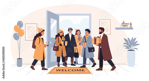 Diverse Group Arriving At Birthday Party With Gifts In Hand Illustration