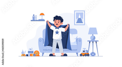 Boy Imagining Himself as Superhero Playing in the Living Room At Home