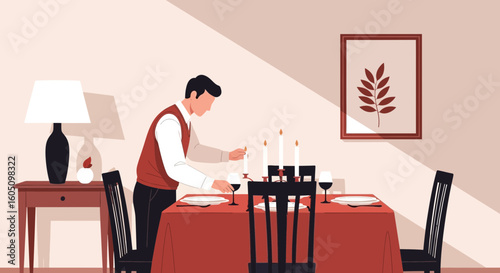 Evening Preparations Man Setting Table With Candles For a Special Dinner