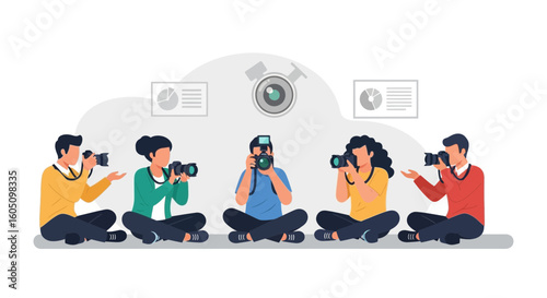 Diverse Group Of Photographers Capturing Images In A Studio Setting Illustration