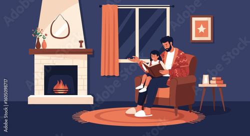 Evening Story Time Father Reading A Book To His Daughter At Home