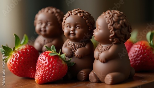 Chocolate Baby Figurines in Whimsical Style in Rich Brown and Red Tones Representing Sweetness and Creativity with Strawberries on Wooden Background