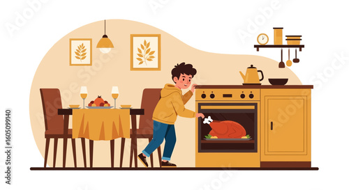 Excited Boy Checking Thanksgiving Turkey In Oven Ready For Festive Family Dinner