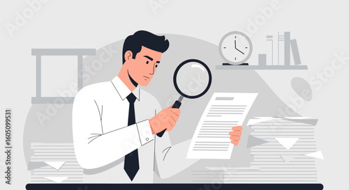 Document Analysis Man Investigating Contract with Magnifying Glass in the Office