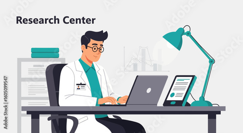 Doctor Working On Laptop Computer At His Desk Inside Modern Office