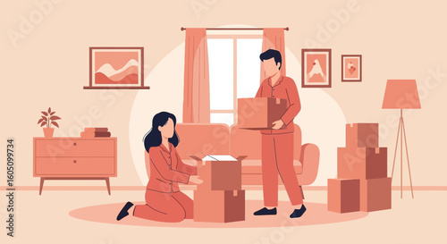 Couple Moving Into New Home Unpacking Cardboard Boxes Together Indoors