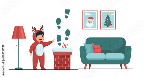Excited Boy In Reindeer Costume Points At Santa's Footprints Near Chimney