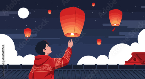 Boy Letting Off Sky Lanterns For Celebration Traditional Night Festive