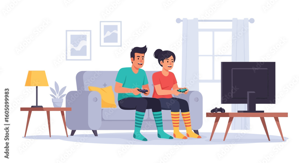 Fototapeta premium Couple Playing Videogames At Home, Having Fun And Relaxing Together