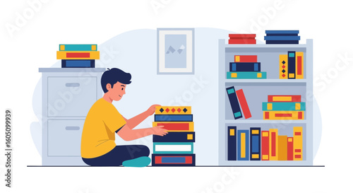 Boy Organizes Books In Room To Encourage Education And Literary Habits