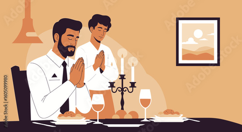 Couple Praying Together Before Dinner In A Warm And Inviting Setting