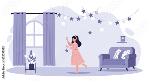 Dreamy Decorating A Girl Puts Up Star Garland In Her Room Alone
