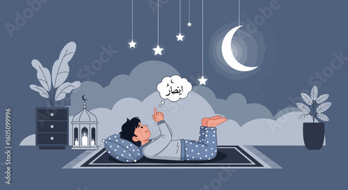 Dreamy Nighttime Contemplation Scene Featuring Boy Moon and Stars