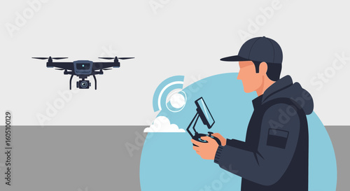 Drone Operator Controlling Flying Device For Aerial Photography On Isolated Background
