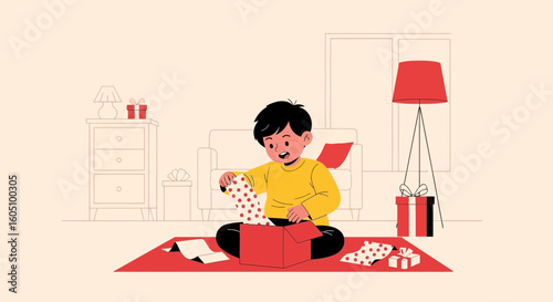 Excited Boy Unboxing Festive Holiday Presents In Cozy Living Room