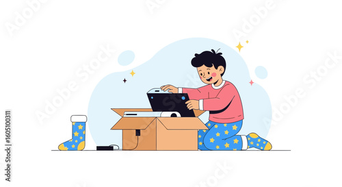 Excited Boy Unpacking New Computer Device From Carton Box At Home
