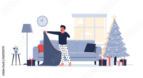 Early Bird Decorating Christmas Tree While Sleepy Holiday Preparation Concept