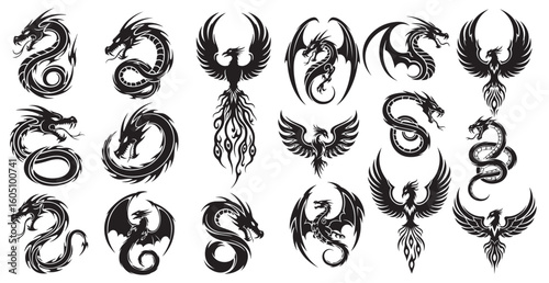 Collection of stylized black ink dragon and phoenix illustrations in various dynamic poses and mythical fantasy designs