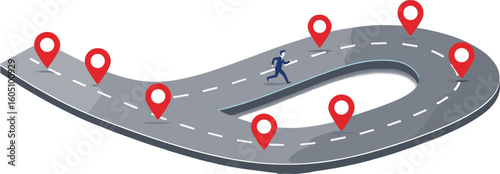 Curved road with location markers and walking figure, journey concept design, path with checkpoints, travel direction, cartoon navigation illustration