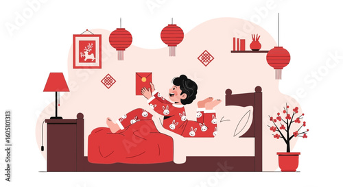 Excited Child Receiving Red Envelope On Chinese New Year Morning