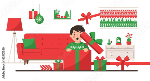 Excited Child Pops Out Of A Large Christmas Gift Box In Cozy Living Room