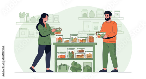 Couple Storing Preserved Food At Home In Glass Jars In Kitchen Pantry