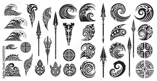 Collection of tribal maori inspired tattoo designs and ancient polynesian spear weapon motifs in black ink on white background