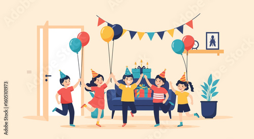 Excited Children Celebrate With Joy At A Festive Birthday Party Event