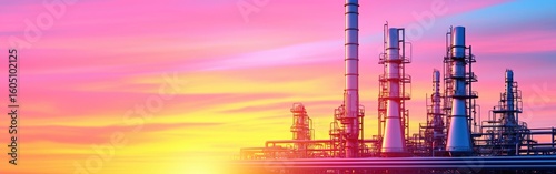 An industrial landscape featuring towering smokestacks against a colorful sunset sky.