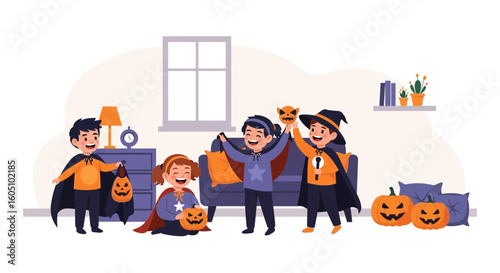 Excited Children Dressed Up In Halloween Costumes Celebrating Indoors