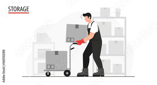 Efficient Worker Moving Boxes With Hand Truck In Warehouse Or Storage Facility