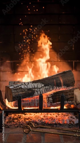 Burning fireplace with flames and glowing embers for warmth and relaxation