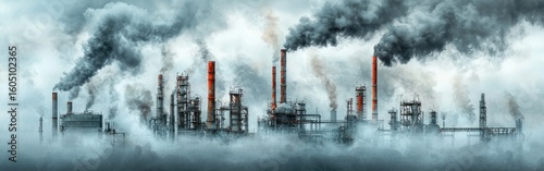 A striking industrial landscape depicting a refinery surrounded by thick smoke and fog under a dramatic sky.