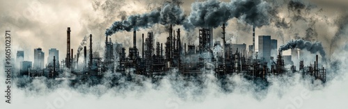An industrial skyline shrouded in smoke and fog, showcasing towering structures and billowing emissions against a moody atmosphere.