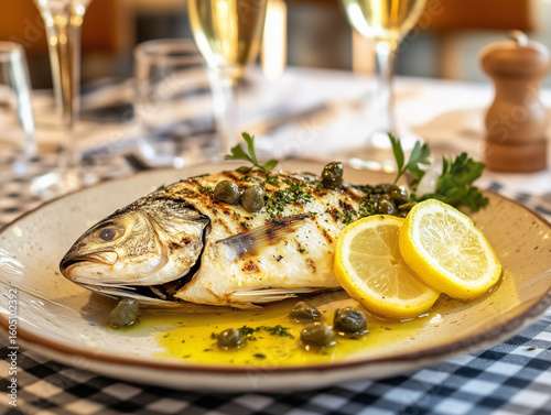 Photograph of a gourmet fish dish presented in an authentic Italian restaurant. The dish features a perfectly cooked piece of fish, garnished with fresh lemon slices.