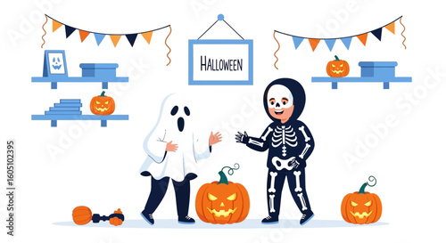 Excited Children Dressed Up In Spooky Halloween Costumes Enjoy Festive Holiday