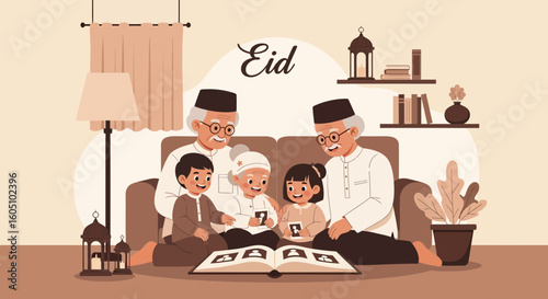 Eid Al Adha Celebration Grandparents With Grandchildren Look At Family Album
