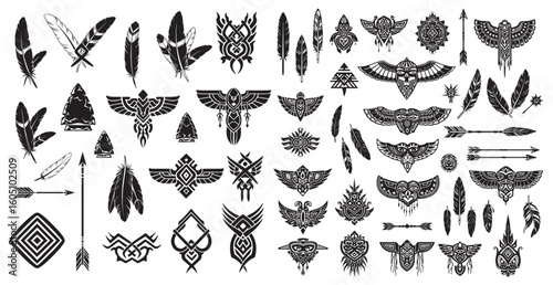 Collection of tribal feather and arrow motifs with intricate geometric patterns and abstract designs for tattoo and graphic art