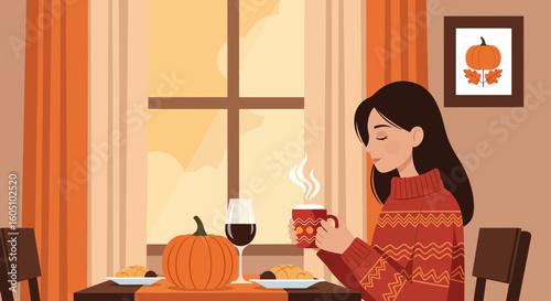 Cozy Autumnal Scene With Young Woman Relaxing At Home And Pumpkin Decor