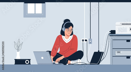 Cozy Basement: Creative Woman Working from Home with Laptop and Headphones