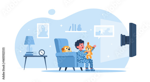 Boy Relaxing At Home Watching Tv With Plush Animals In Pajamas