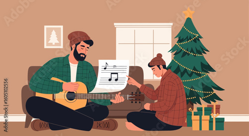 Cozy Christmas Duet: A Guitarist And Listener Enjoying Sheet Music Together